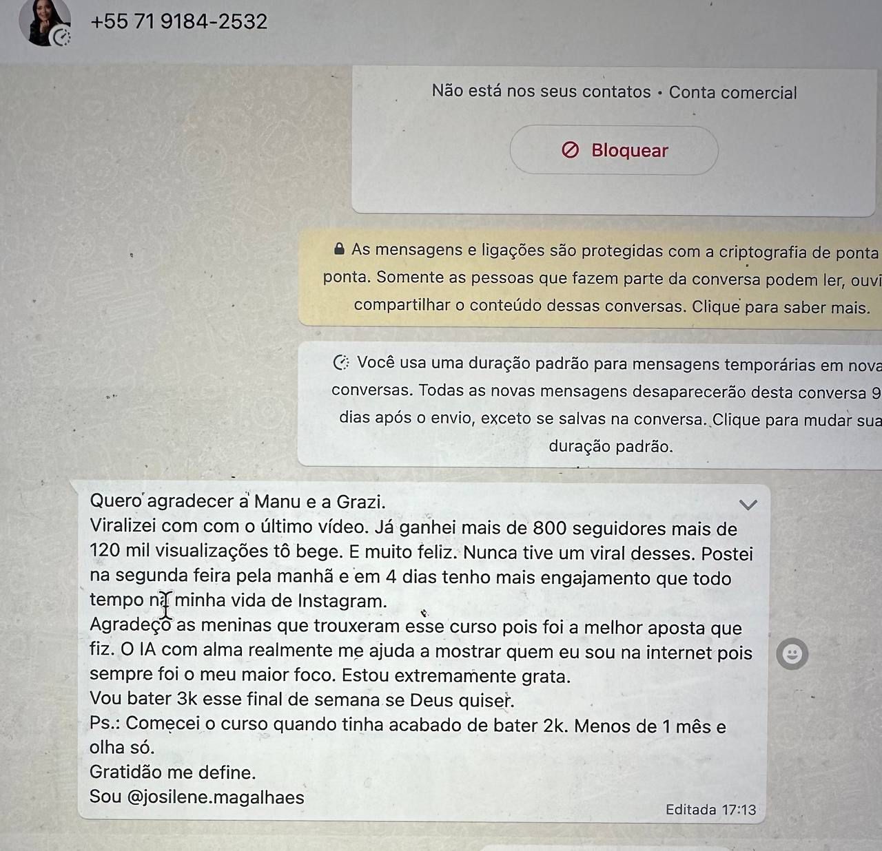 Print de depoimento de aluno no direct